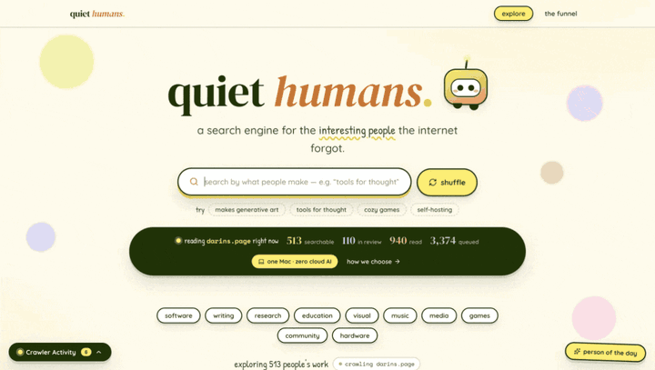 The quiethumans homepage: a search box, a little crawler-bot mascot, and a live semantic search for 'tools for thought' that returns people whose descriptions never use those words.