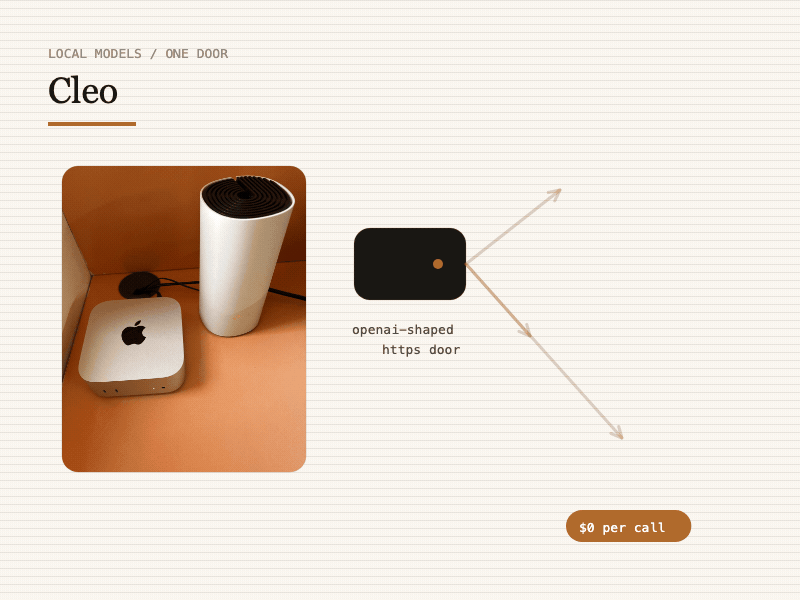 The Mac mini and router on an orange shelf where Cleo lives