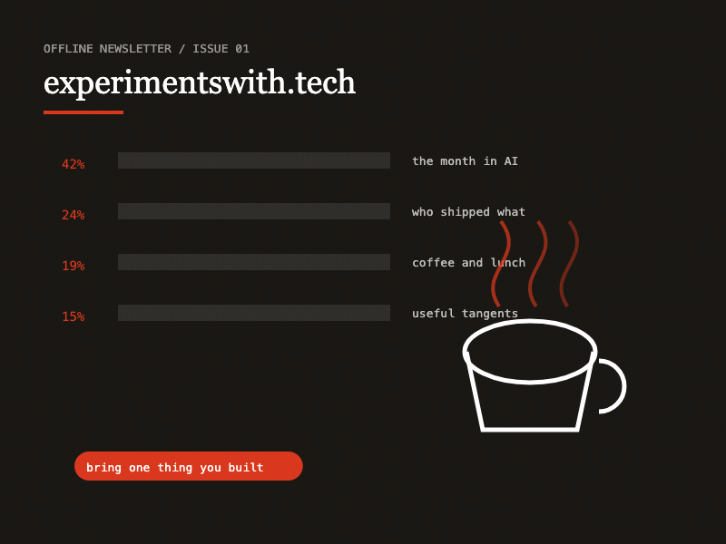 experimentswith.tech - a coffee cup, the mark of an offline AI gathering