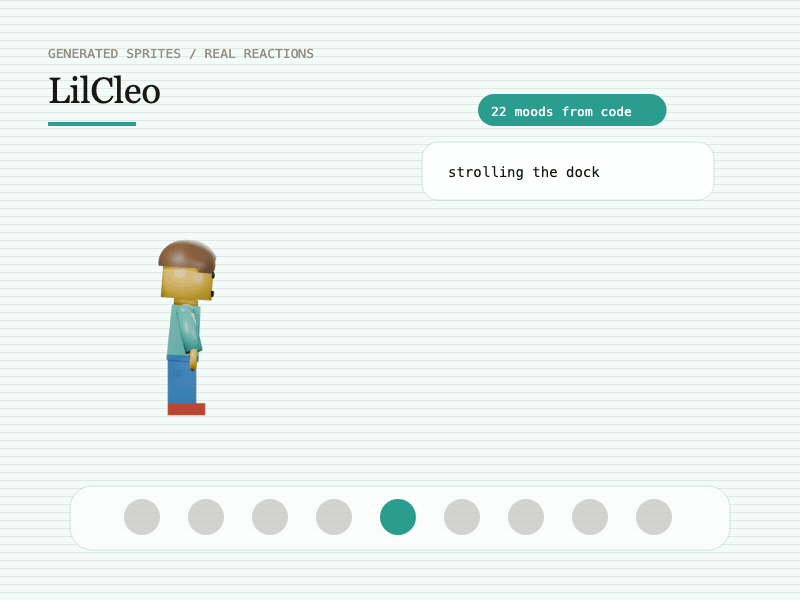 Brick, the LilCleo desktop companion, rendered in 22 different moods