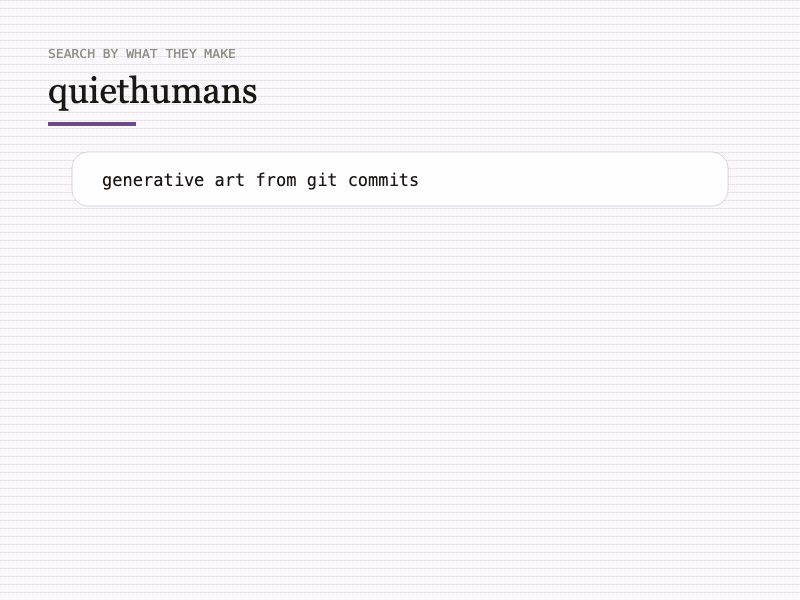 The quiethumans search returning makers whose descriptions never use the searched words